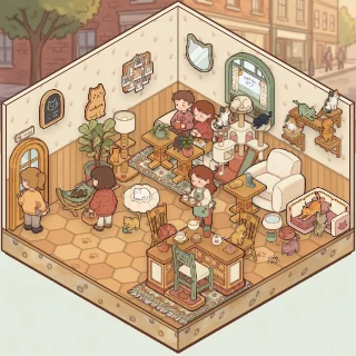 A Cat Café corner decorated by a player: 59 stickers