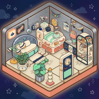 A Space Cabin corner decorated by a player: 30 stickers