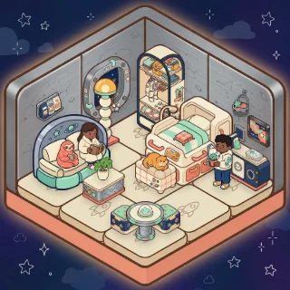 A Space Cabin corner decorated by a player: 23 stickers