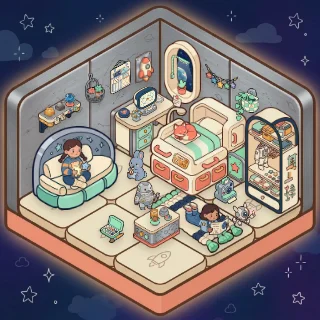A Space Cabin corner decorated by a player: 33 stickers