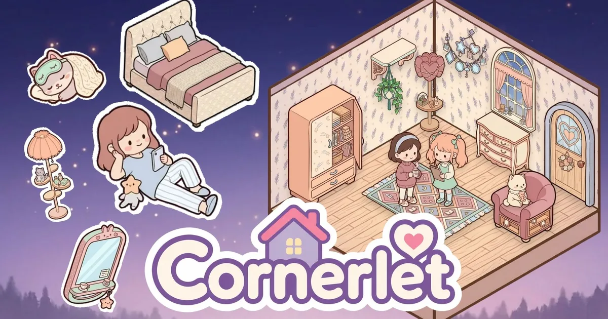 A pastel bedroom with two friends in it, and stickers of a bed, a lamp and a sleeping cat laid beside it