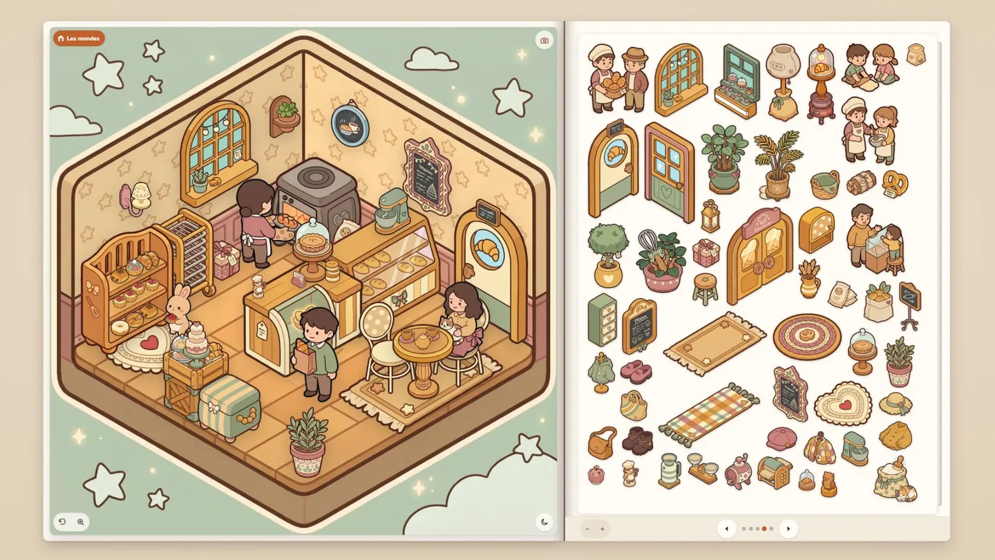 The game: a room to fill on the left, the sheet of stickers on the right